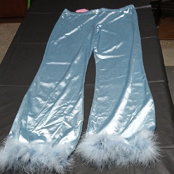 Dolls Kill Pants - Dolls Kill Sugar Thrillz Cloudy Exes & OMGs Blue Satin & Marabou Flare Pants XXL